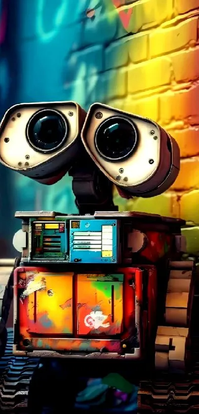 Colorful robot art against graffiti walls.