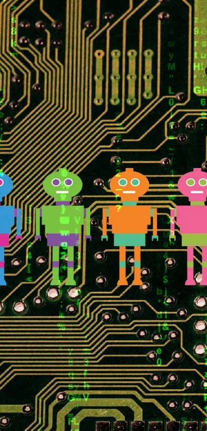 Five colorful robots on a circuit board background.