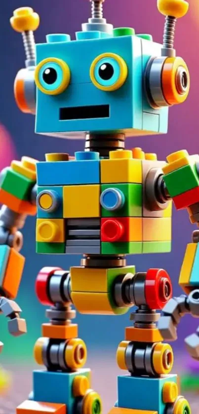 Colorful toy robot made of blocks in a playful setting.