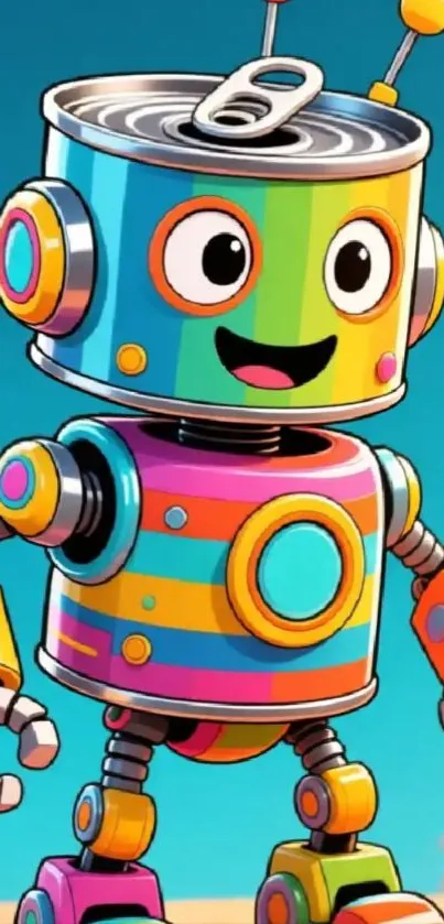 Colorful cartoon robot on a vibrant background.