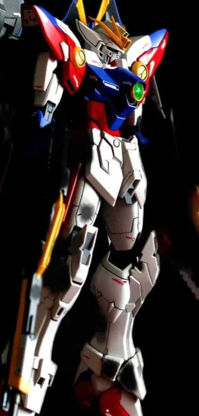 Colorful robot with a futuristic design in a striking pose.