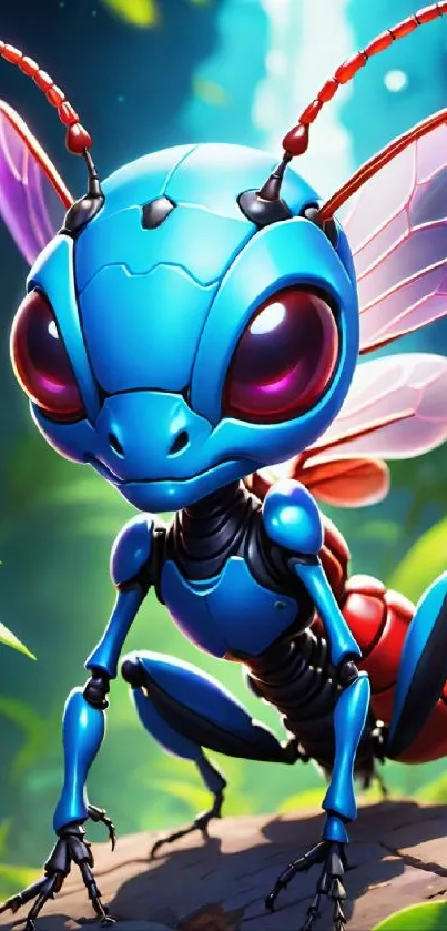 Colorful robotic ant with blue body in jungle setting.