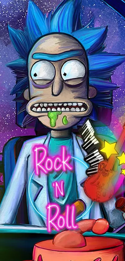 Cartoon character with neon rock theme in galaxy.