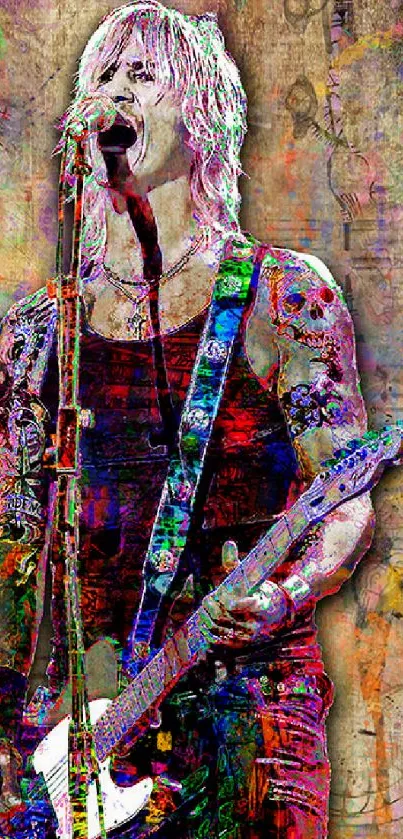 Vivid artistic wallpaper of a rock musician with a guitar in colorful hues.