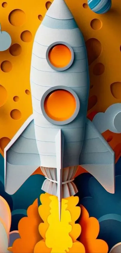 Colorful rocket launch with cosmic backdrop, perfect for phone wallpaper.