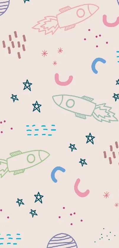 Colorful rockets and stars pattern on beige background wallpaper.