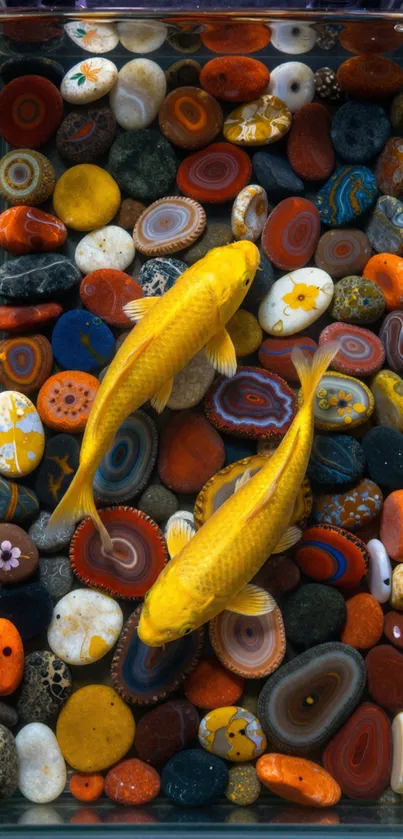 Koi fish swimming over colorful stones in a vibrant display.