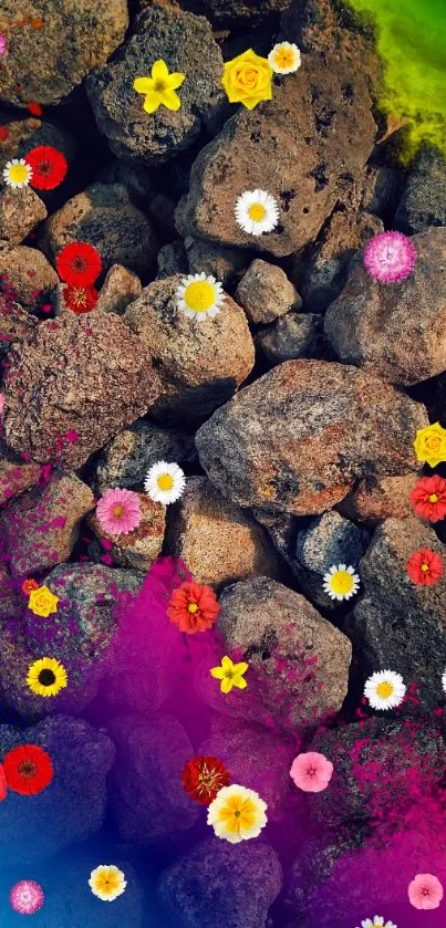 Colorful stones with vibrant flowers in vivid purple hues for mobile wallpaper.