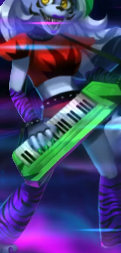 Colorful rockstar character playing a keytar with neon and purple hues.