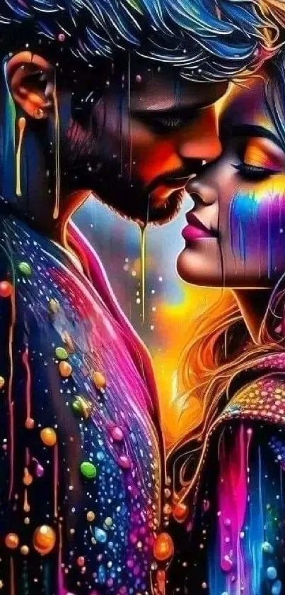 A vibrant abstract artwork of a romantic couple in colorful hues.