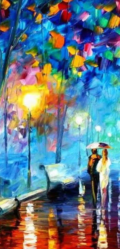 Colorful evening couple artwork with umbrella and street lights.