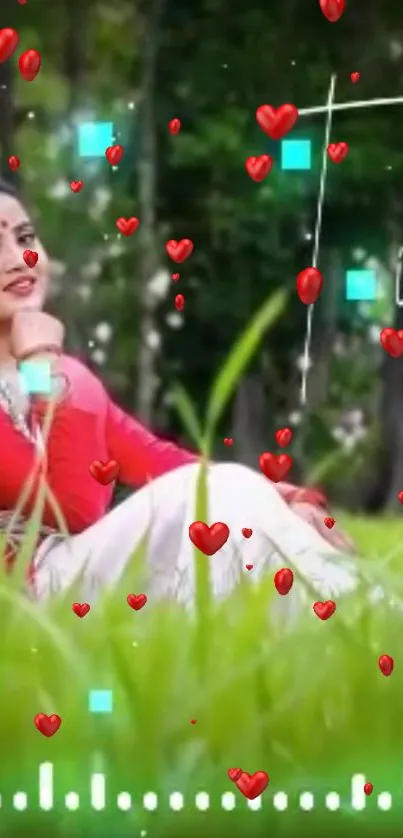 Woman in traditional attire with hearts in lush green field.