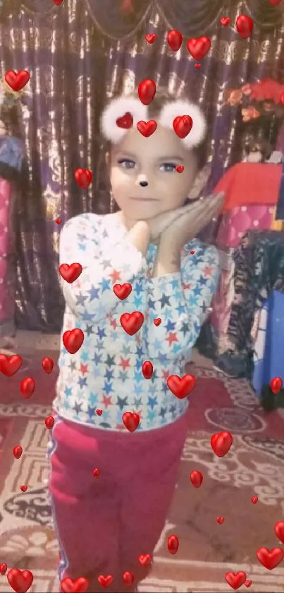 Child in colorful room with a cute Snapchat filter and vibrant decor.