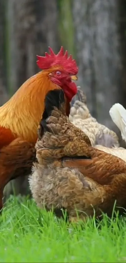 Vibrant rooster and hens on green grass.