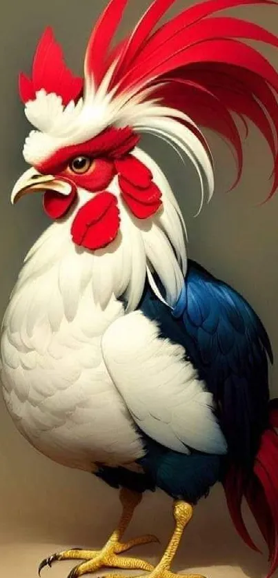 A vibrant rooster with red, white, and blue feathers on a mobile wallpaper.