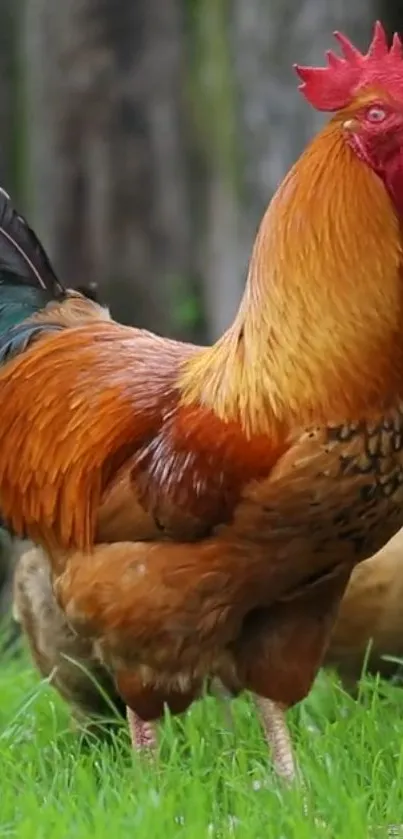 Vibrant orange rooster standing on green grass.