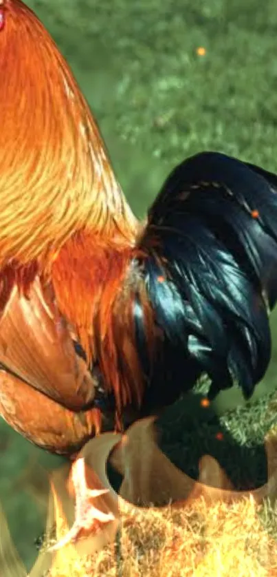 Colorful rooster standing amidst fiery backdrop.