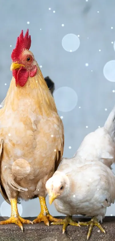 Five chickens standing in a row, showcasing vivid colors.