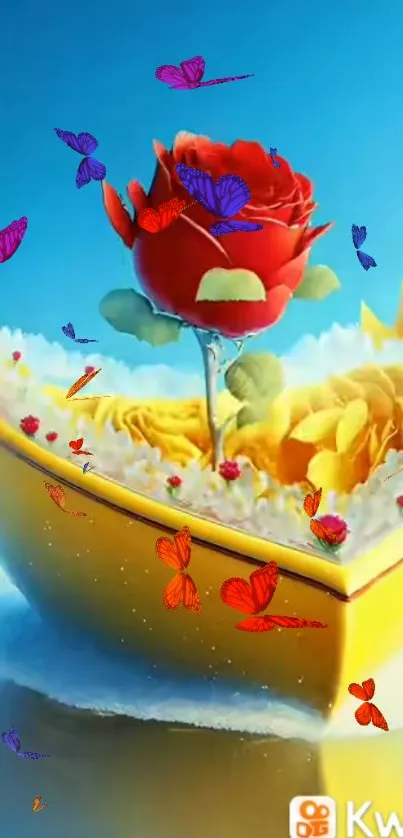 Red rose on yellow boat with butterflies.