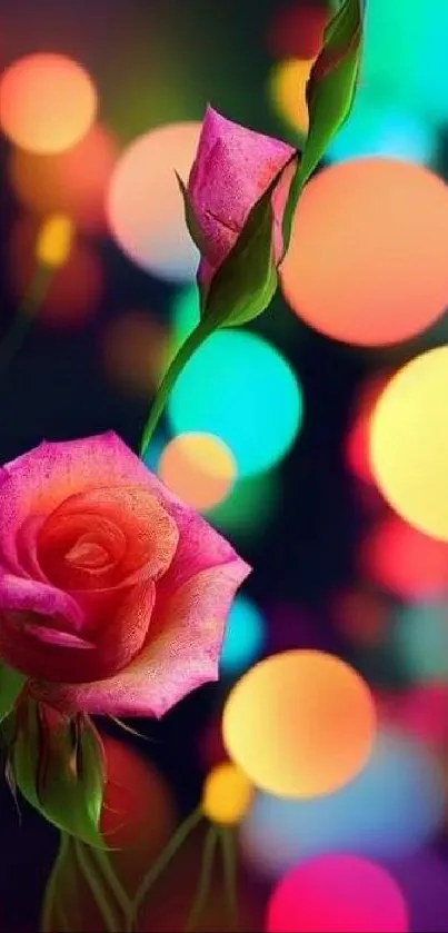 Vibrant rose and bokeh lights wallpaper for mobile screen.