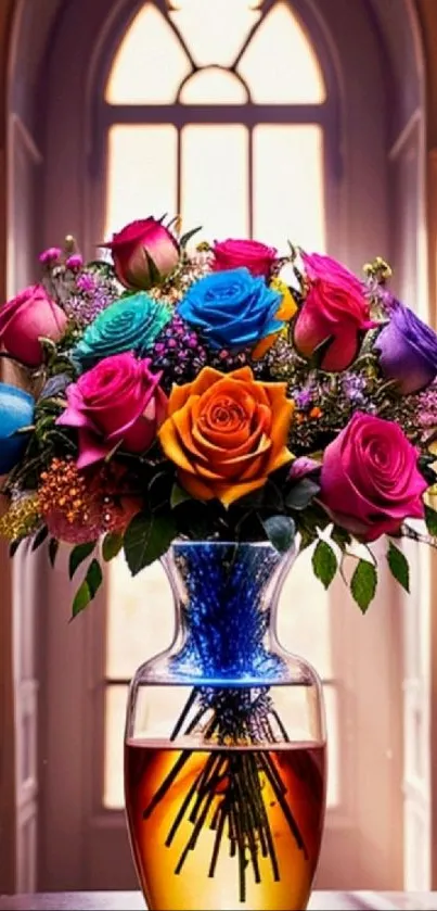 A vibrant floral vase with colorful roses in front of an arched window.