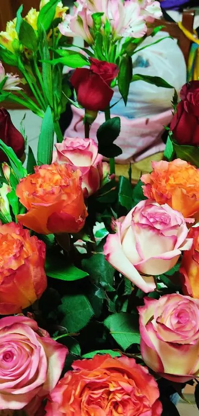 Vivid bouquet of pink, orange, and red roses with lush green leaves.