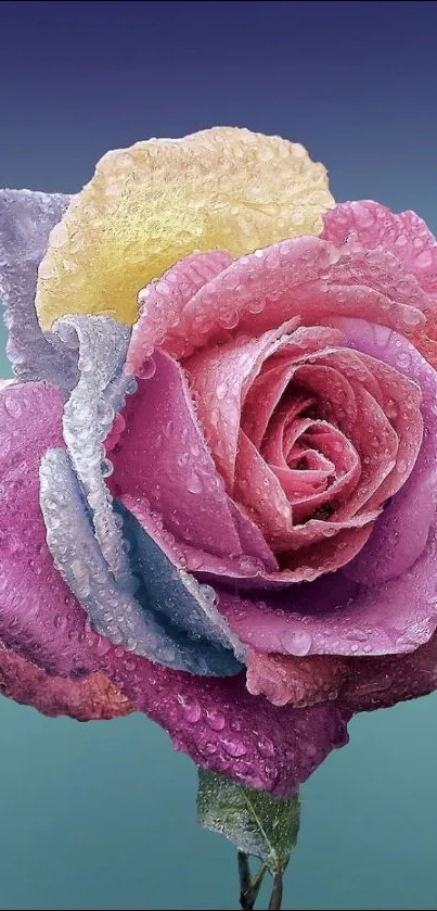 Colorful rose with dewdrops on petals against gradient background.