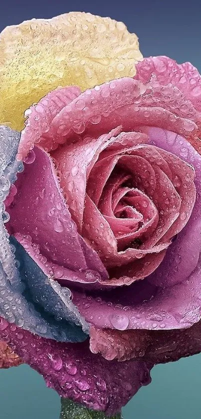 Vibrant multicolored rose with dewdrops in close-up view.