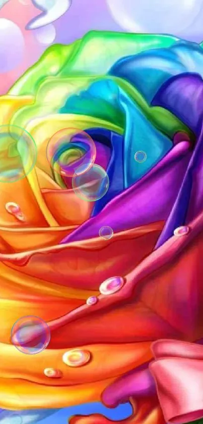 Digital art of a colorful rainbow rose with water droplets.