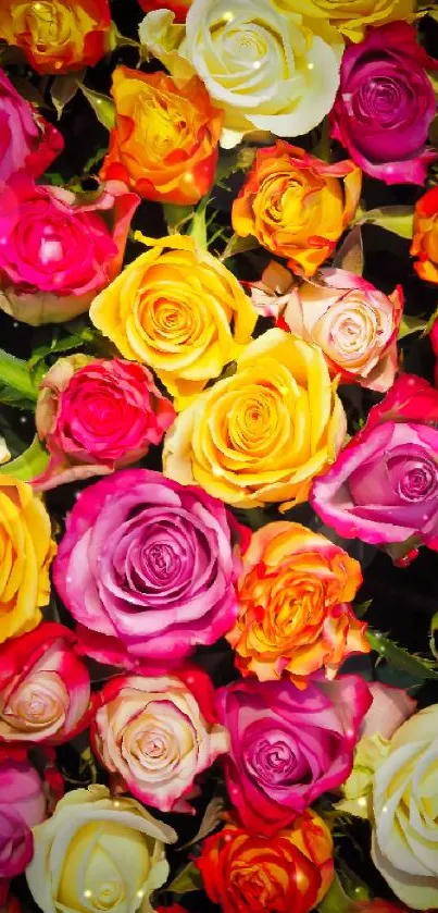 Colorful roses wallpaper in pink, yellow, and white shades.