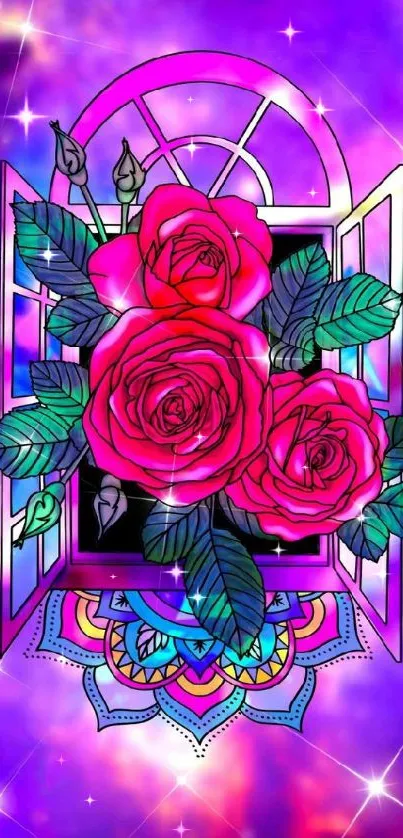 Vibrant rose and galaxy wallpaper with window design.