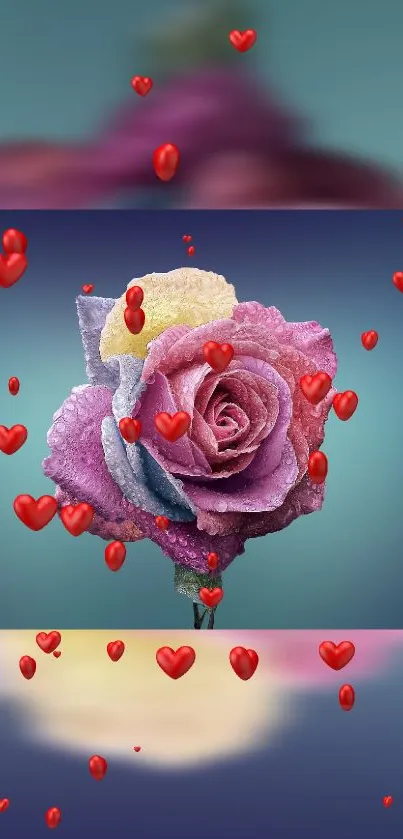 Colorful rose with red hearts wallpaper for mobile screen elegance.