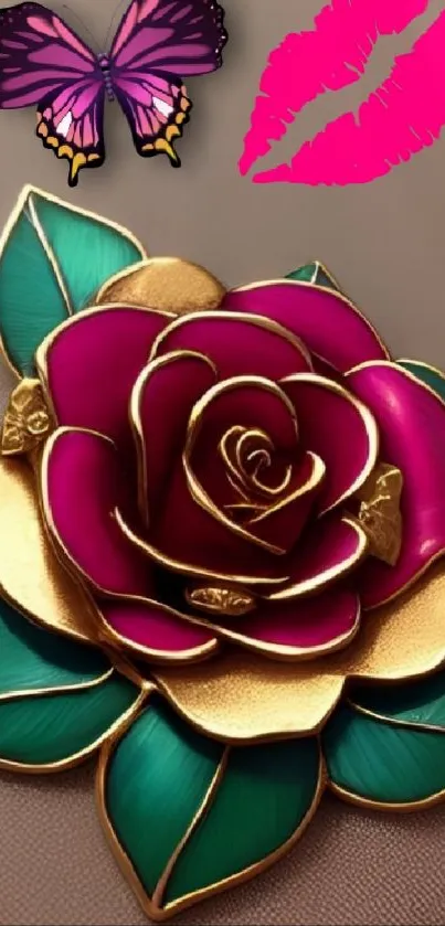 Gold-trimmed rose with butterfly design.