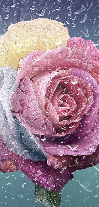 Vibrant rainbow rose with dewdrops against gradient background.