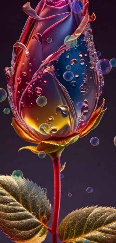 Colorful rose with dewdrops on dark background.