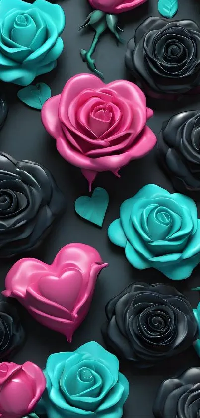 Vibrant roses in pink, black, and teal on dark background.