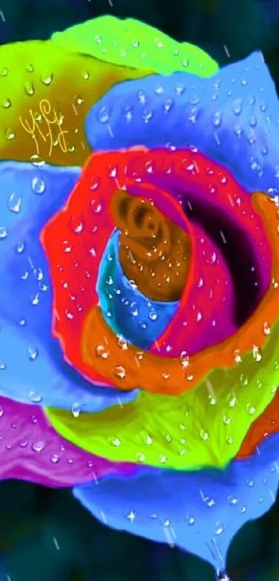 Vibrant multicolored rose with water droplets.