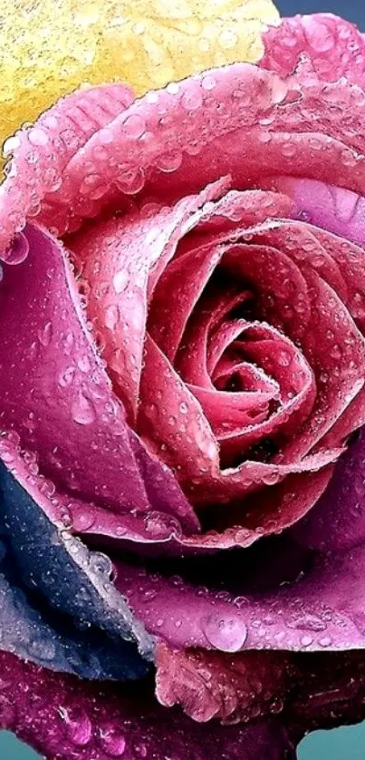 Vibrant pink and purple rose with dewdrops wallpaper.