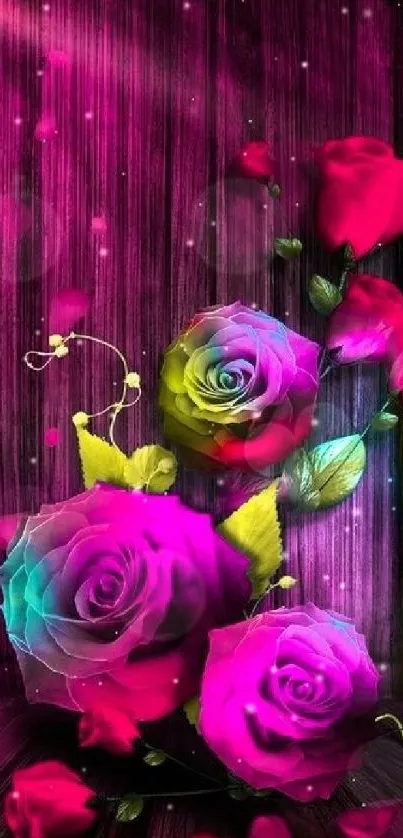 Vibrant neon roses on a wooden background.