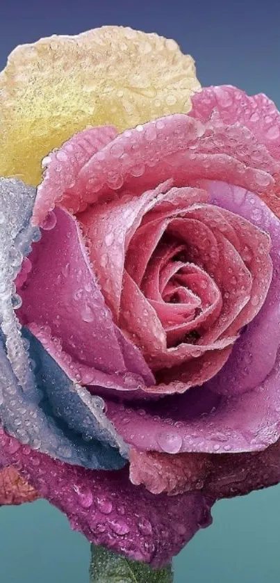 Colorful rose with dewdrops on petals against a gradient background.