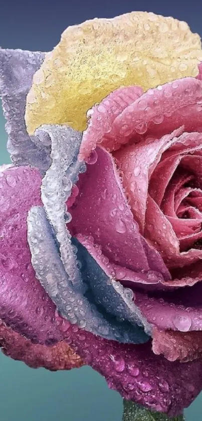 Colorful rose with water droplets on petals, creating a vibrant phone wallpaper.