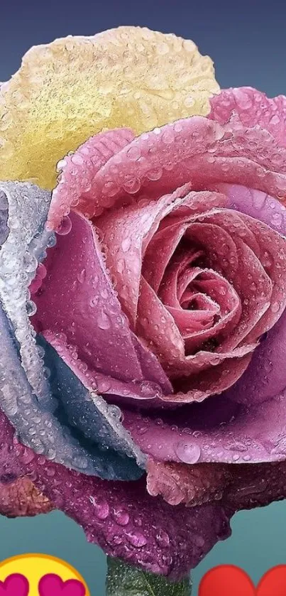 Colorful rose with dewdrops and heart emojis.