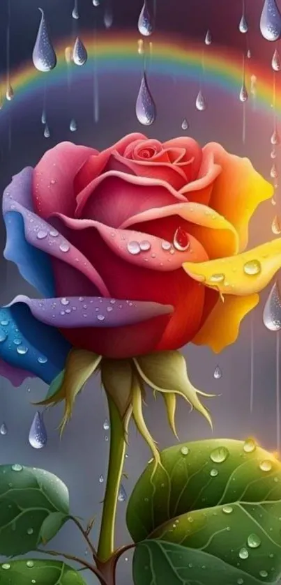 Colorful rose with raindrops and rainbow in vibrant mobile wallpaper.