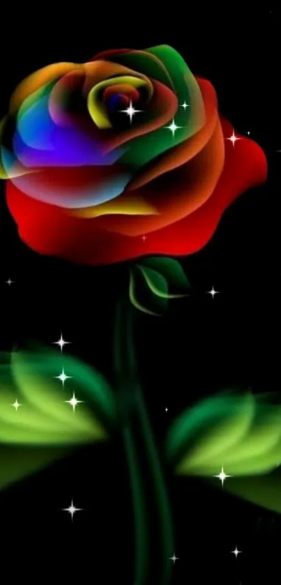 Colorful rose with starry background, perfect for mobile wallpaper.