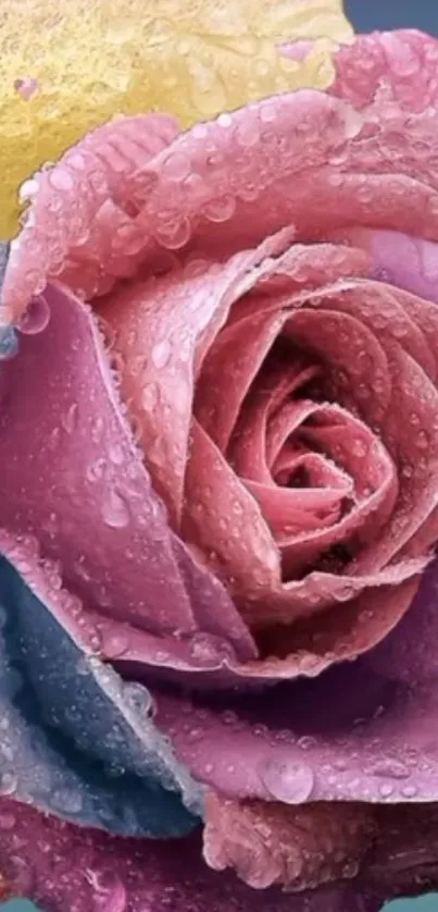 Vibrant rose with water droplets on colorful petals.