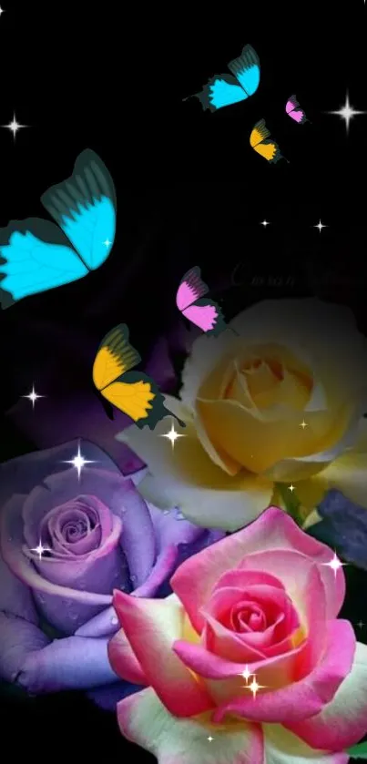 Mobile wallpaper with colorful roses and butterflies on a black background.