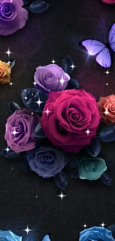 Vibrant roses and butterflies on dark background wallpaper.