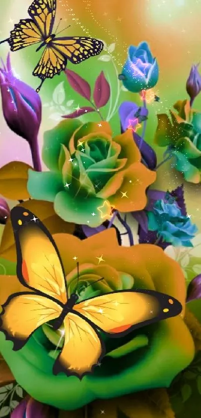 Vibrant wallpaper of colorful roses and butterflies.