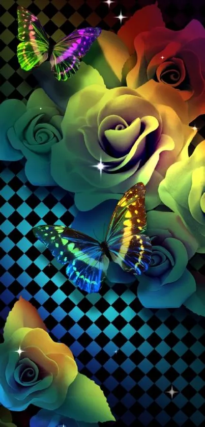 Colorful roses and butterflies on dark geometric pattern.