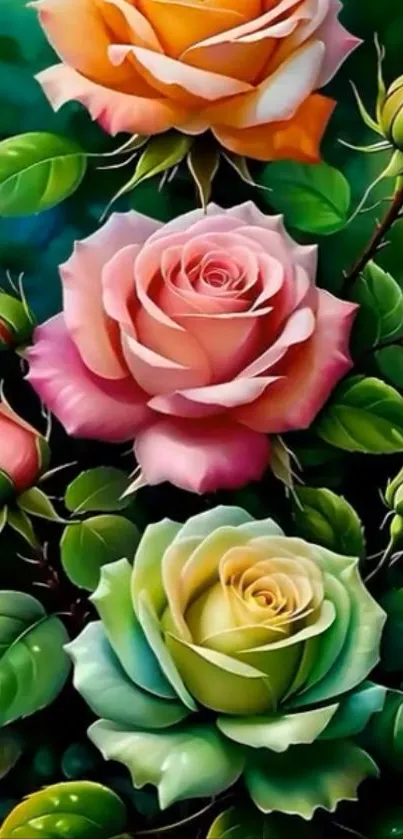 Colorful roses with vibrant green leaves in floral art.